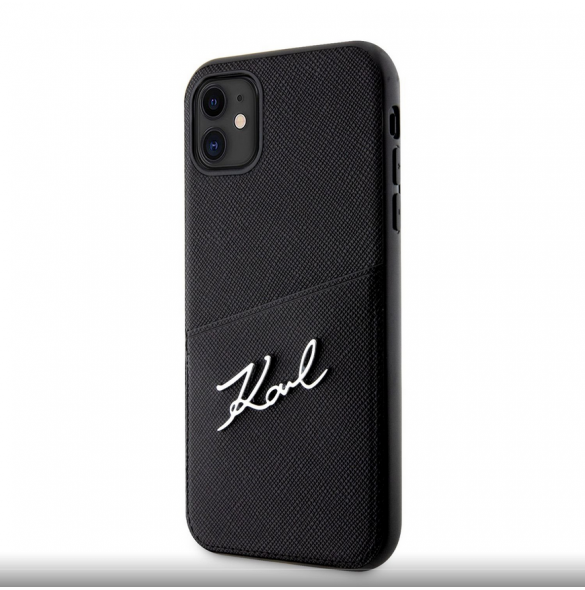 Karl Lagerfeld Saffiano Card Slot Metal Signaturfodral för iPhone 11 Svart