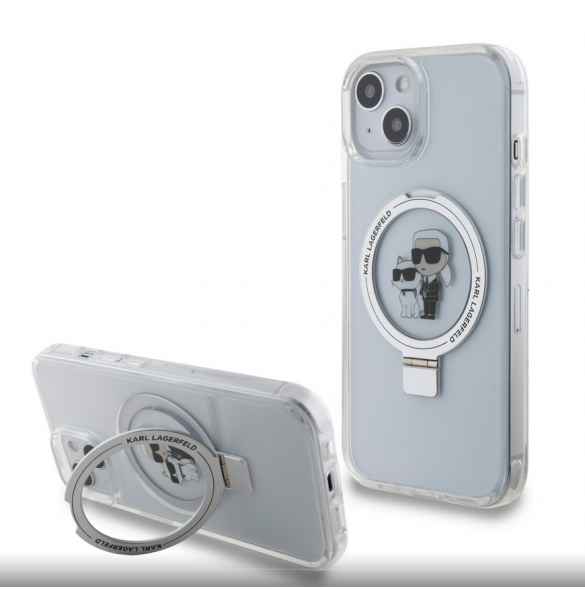 Karl Lagerfeld Ringställ Karl och Choupette MagSafe Fodral till iPhone 15 Vit