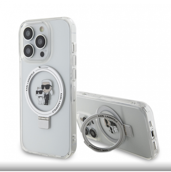 Karl Lagerfeld Ringställ Karl och Choupette MagSafe Fodral till iPhone 15 Pro Vit