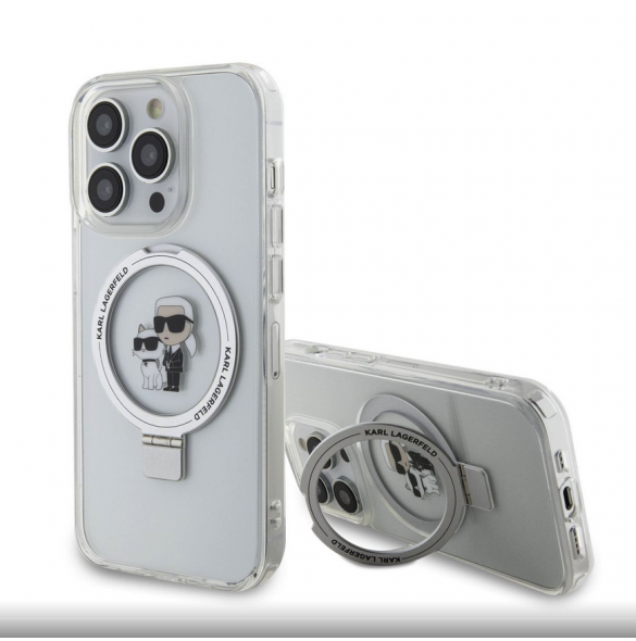 Karl Lagerfeld Ringställ Karl och Choupette MagSafe Fodral för iPhone 15 Pro Max Vit
