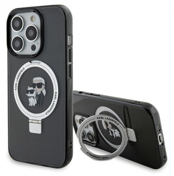 Karl Lagerfeld Ringställ Karl och Choupette MagSafe Fodral för iPhone 15 Pro Svart