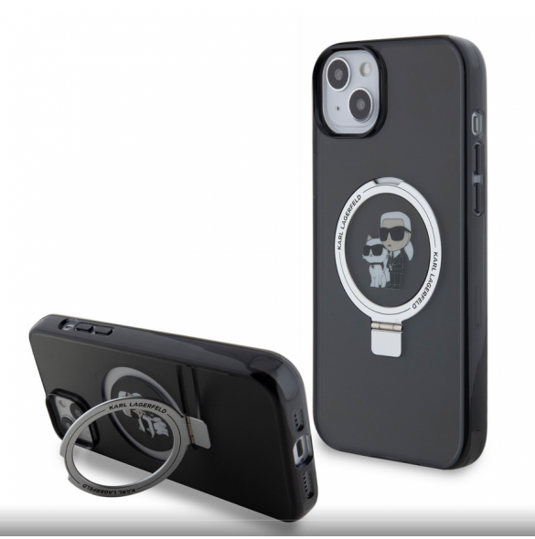 Karl Lagerfeld Ringställ Karl och Choupette MagSafe Fodral för iPhone 15 Plus Svart