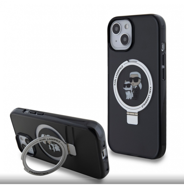 Karl Lagerfeld Ringställ Karl och Choupette MagSafe Fodral till iPhone 15 Svart