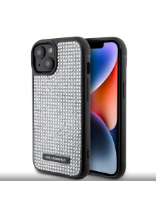 Karl Lagerfeld Rhinestone Plate Metall Logotypfodral för iPhone 15 Silver