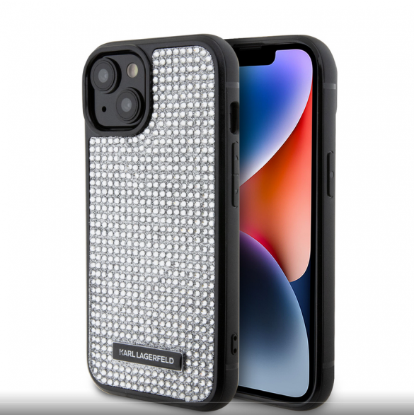 Karl Lagerfeld Rhinestone Plate Metall Logotypfodral för iPhone 15 Silver