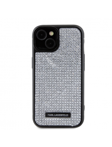 Karl Lagerfeld Rhinestone Plate Metall Logotypfodral för iPhone 15 Silver
