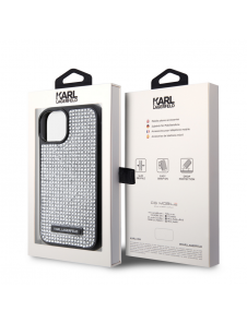 Karl Lagerfeld Rhinestone Plate Metall Logotypfodral för iPhone 15 Silver