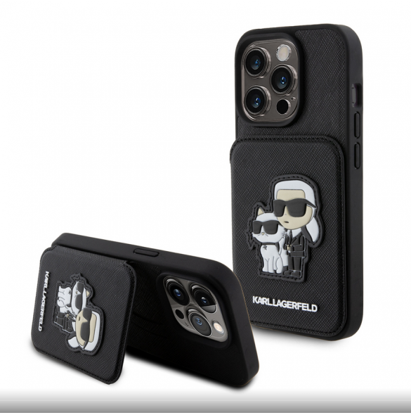 Karl Lagerfeld PU Saffiano Card Slot Stand Karl and Choupette Fodral till iPhone 15 Pro Svart