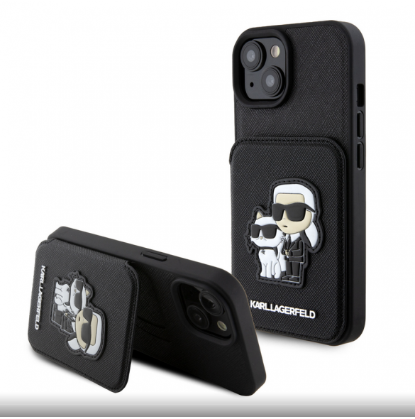 Karl Lagerfeld PU Saffiano Card Slot Stand Karl and Choupette Fodral till iPhone 15 Svart