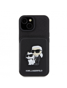 Karl Lagerfeld PU Saffiano Card Slot Stand Karl and Choupette Fodral till iPhone 15 Svart