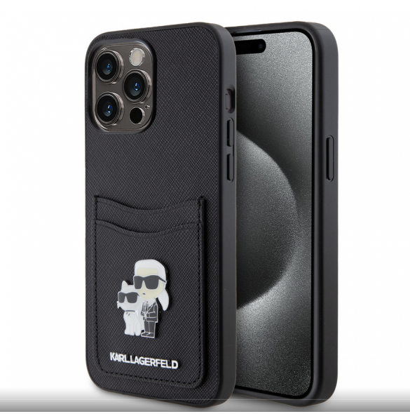 Karl Lagerfeld PU Saffiano Card Slot Metal Karl and Choupette Fodral för iPhone 15 Pro Max Svart