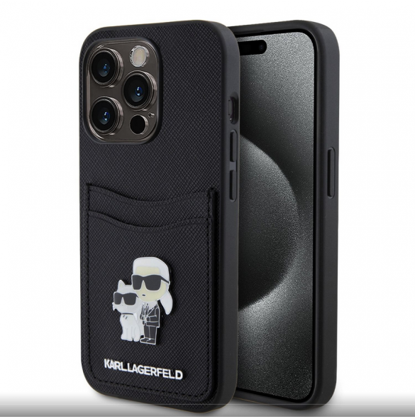 Karl Lagerfeld PU Saffiano Card Slot Metal Karl and Choupette Fodral till iPhone 15 Pro Svart