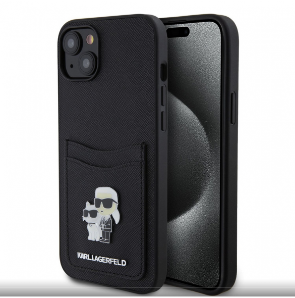Karl Lagerfeld PU Saffiano Card Slot Metal Karl and Choupette Fodral till iPhone 15 Svart
