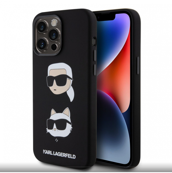 Karl Lagerfeld Flytande Silikon Karl och Choupette Heads Fodral till iPhone 15 Pro Max Svart