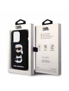 Karl Lagerfeld Flytande Silikon Karl och Choupette Heads Fodral till iPhone 15 Pro Svart