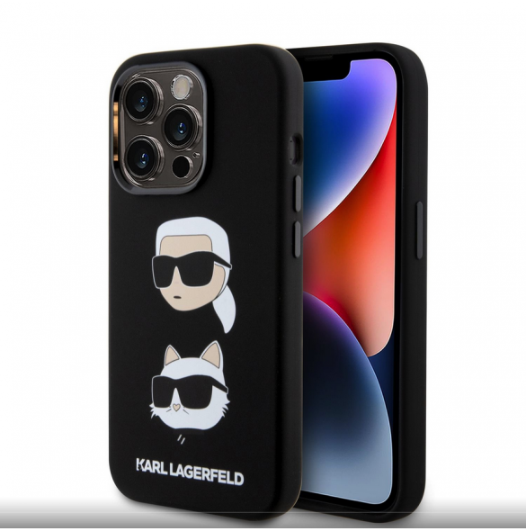 Karl Lagerfeld Flytande Silikon Karl och Choupette Heads Fodral till iPhone 15 Plus Svart