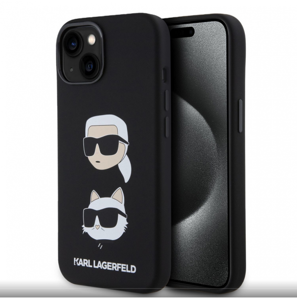 Karl Lagerfeld Flytande Silikon Karl och Choupette Heads Fodral till iPhone 15 Svart