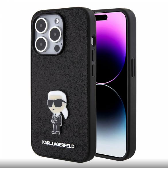 Karl Lagerfeld Fixed Glitter Metal Ikonik Fodral för iPhone 15 Pro Svart