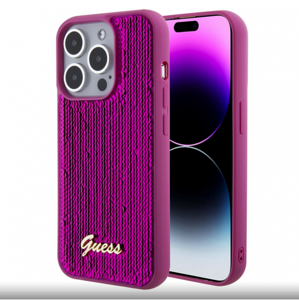 Guess Sequin Script Logo Fodral för iPhone 15 Pro Magenta