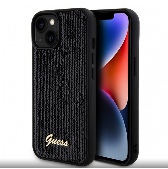 Guess Sequin Script Logofodral för iPhone 15 Plus Svart