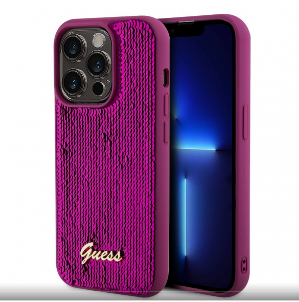 Guess Sequin Script Logofodral för iPhone 14 Pro Max Magenta