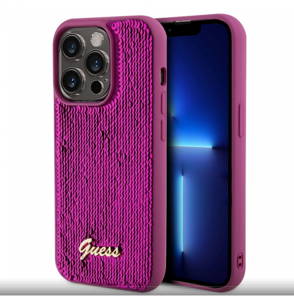 Guess Sequin Script Logofodral för iPhone 14 Pro Magenta