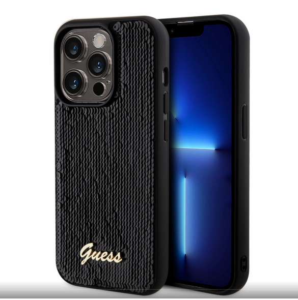 Guess Sequin Script Logofodral för iPhone 14 Pro Svart