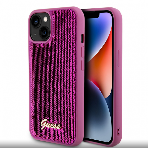 Guess Sequin Script Logofodral för iPhone 13 Magenta