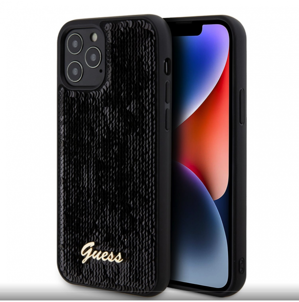 Guess Sequin Script Logofodral för iPhone 12/12 Pro Svart