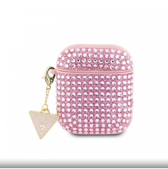 Guess Rhinestones Triangle Metal Logo Fodral för AirPods 1/2 Pink