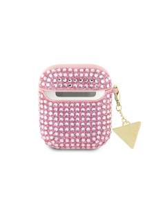 Guess Rhinestones Triangle Metal Logo Fodral för AirPods 1/2 Pink