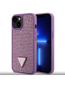 Guess Rhinestones Triangle metalllogofodral för iPhone 15 Lila