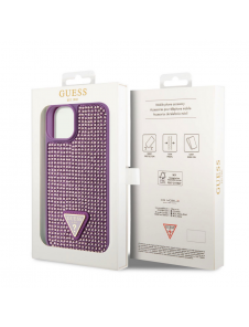 Guess Rhinestones Triangle metalllogofodral för iPhone 15 Lila