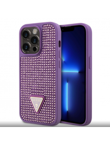 Guess Rhinestones Triangle metalllogofodral för iPhone 15 Pro Lila