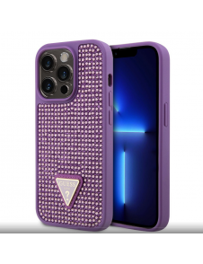 Guess Rhinestones Triangle metalllogofodral för iPhone 15 Pro Lila