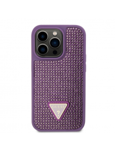 Guess Rhinestones Triangle metalllogofodral för iPhone 15 Pro Lila