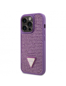 Guess Rhinestones Triangle metalllogofodral för iPhone 15 Pro Lila