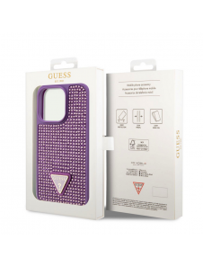 Guess Rhinestones Triangle metalllogofodral för iPhone 15 Pro Lila