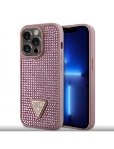 Guess Rhinestones Triangle metalllogofodral för iPhone 15 Pro Pink