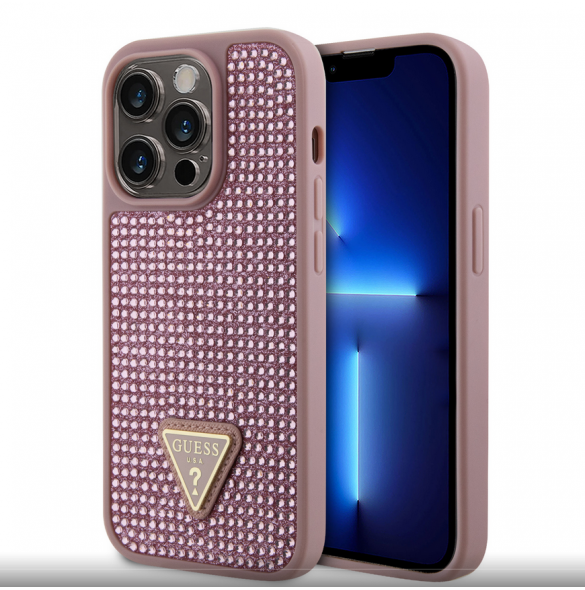 Guess Rhinestones Triangle metalllogofodral för iPhone 15 Pro Pink