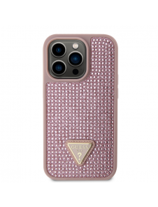 Guess Rhinestones Triangle metalllogofodral för iPhone 15 Pro Pink
