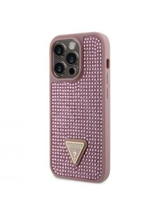 Guess Rhinestones Triangle metalllogofodral för iPhone 15 Pro Pink