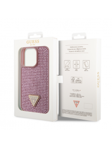 Guess Rhinestones Triangle metalllogofodral för iPhone 15 Pro Pink