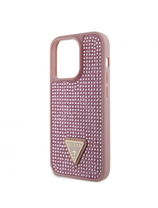 Guess Rhinestones Triangle metalllogofodral för iPhone 15 Pro Pink