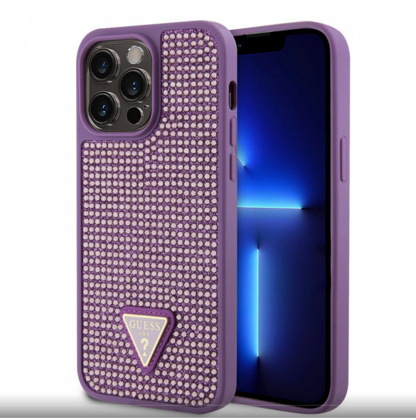 Guess Rhinestones Triangle Metal Logo Fodral till iPhone 15 Pro Max Lila