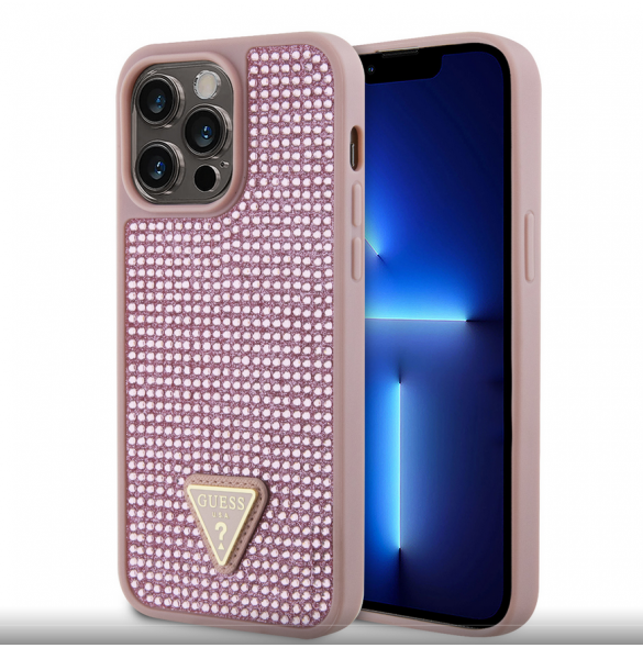 Guess Rhinestones Triangle metalllogofodral för iPhone 15 Pro Max Rosa