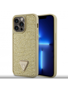 Guess Rhinestones Triangle metalllogofodral för iPhone 15 Pro Max Gold