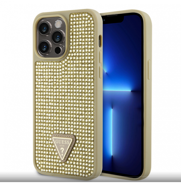 Guess Rhinestones Triangle metalllogofodral för iPhone 15 Pro Max Gold
