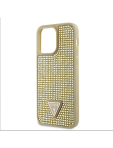Guess Rhinestones Triangle metalllogofodral för iPhone 15 Pro Max Gold