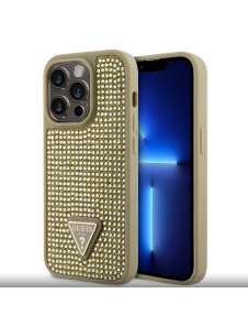 Guess Rhinestones Triangle metalllogofodral för iPhone 15 Pro Gold